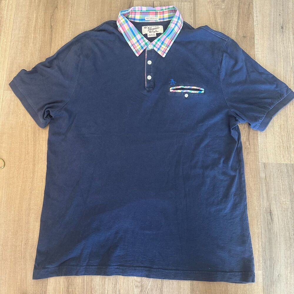 Penguin Mens Navy Blue Polo Size XL Pete Embroidered Plaid Trim Collar